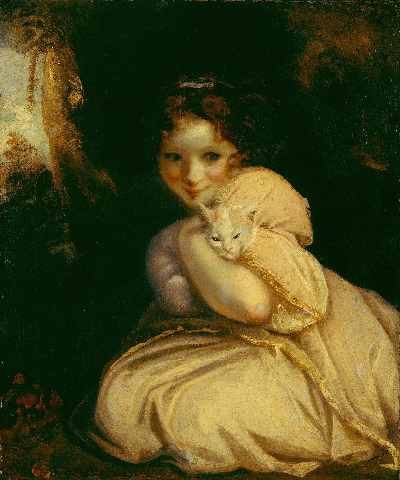 Quadro decorativo mostrando uma menina de cabelos escuros e vestido creme abraçando um gato branco, com fundo escuro e detalhes em marrom dourado. Sir Joshua Reynolds.