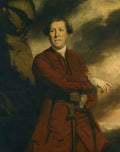 Retrato de um homem de meia-idade, vestido com casaco vermelho carmesim e rendas brancas, segurando uma bengala, contra um fundo dramático de nuvens escuras. Atribuído a Joshua Reynolds.
