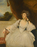 Retrato de uma mulher sentada, com vestido branco esvoaçante e olhar pensativo, atribuída a Sir Joshua Reynolds, em estilo clássico do século XVIII.