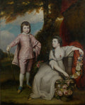 Pintura a óleo de Sir Joshua Reynolds, mostrando um menino de rosa e uma menina de branco sentados em um jardim com flores, fundo paisagístico. Quadro decorativo clássico com crianças.