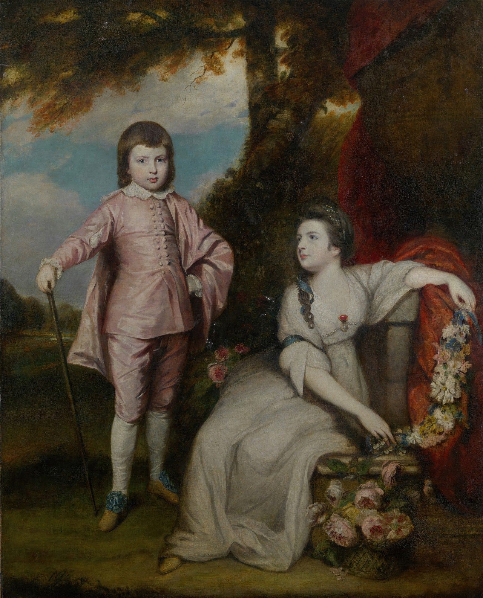 Pintura a óleo de Sir Joshua Reynolds, mostrando um menino de rosa e uma menina de branco sentados em um jardim com flores, fundo paisagístico. Quadro decorativo clássico com crianças.