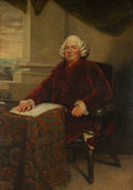 Retrato de George Frideric Handel, um homem com peruca branca e casaco vermelho aveludado, sentado em uma cadeira, com uma mesa coberta por um tecido estampado ao seu lado. A obra é de Sir Joshua Reynolds.