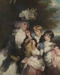 Retrato a óleo de uma senhora com chapéu em tom escuro com plumas brancas, abraçando três crianças pequenas, ao ar livre, em tons terrosos e pastéis. Atribuído a Sir Joshua Reynolds.