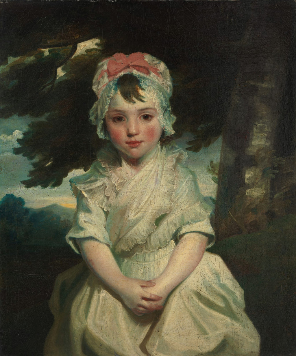 Retrato clássico de uma menina de olhos grandes e serenos, vestindo touca rosa e vestido branco, atribuído a Sir Joshua Reynolds.