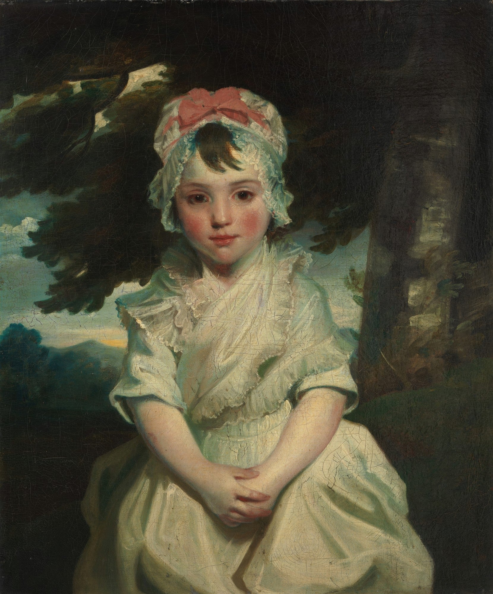 Retrato clássico de uma menina de olhos grandes e serenos, vestindo touca rosa e vestido branco, atribuído a Sir Joshua Reynolds.