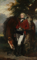 Retrato equestre de um jovem cavalheiro de peruca em uniforme vermelho e branco, encostado a uma árvore, com um cavalo marrom ao seu lado, pintado por Sir Joshua Reynolds.