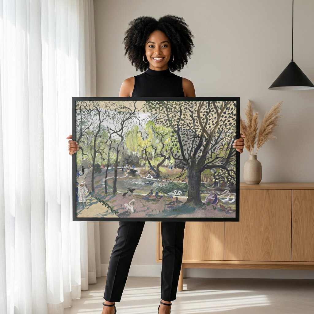 Quadro Decorativo Parque com Cisnes - Oskar Laske com modelo em ambiente