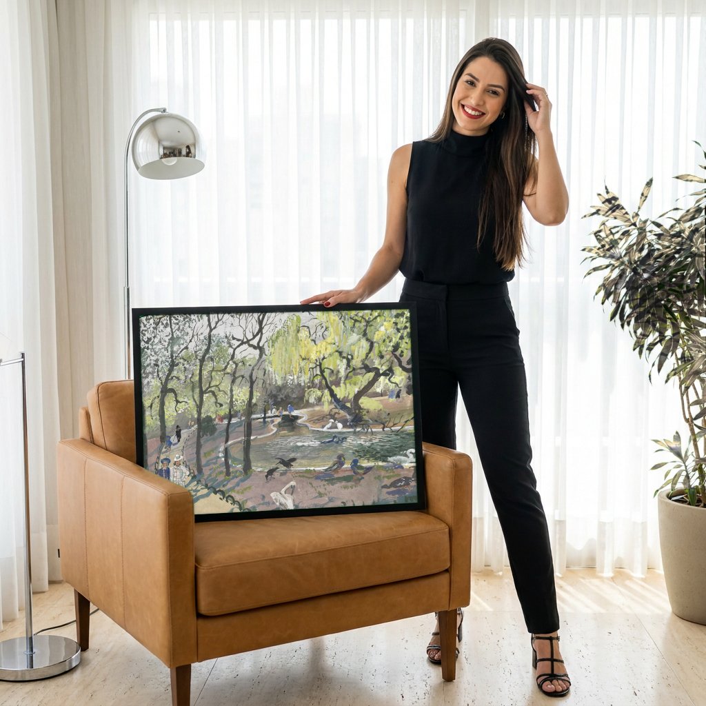 Quadro Decorativo Parque com Cisnes - Oskar Laske com modelo em ambiente