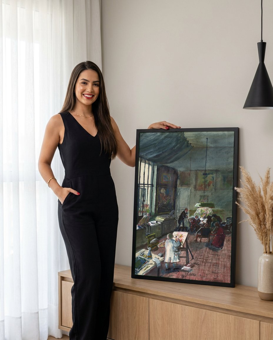 Quadro Decorativo 'Atelier do Pintor' - Oskar Laske com modelo em ambiente