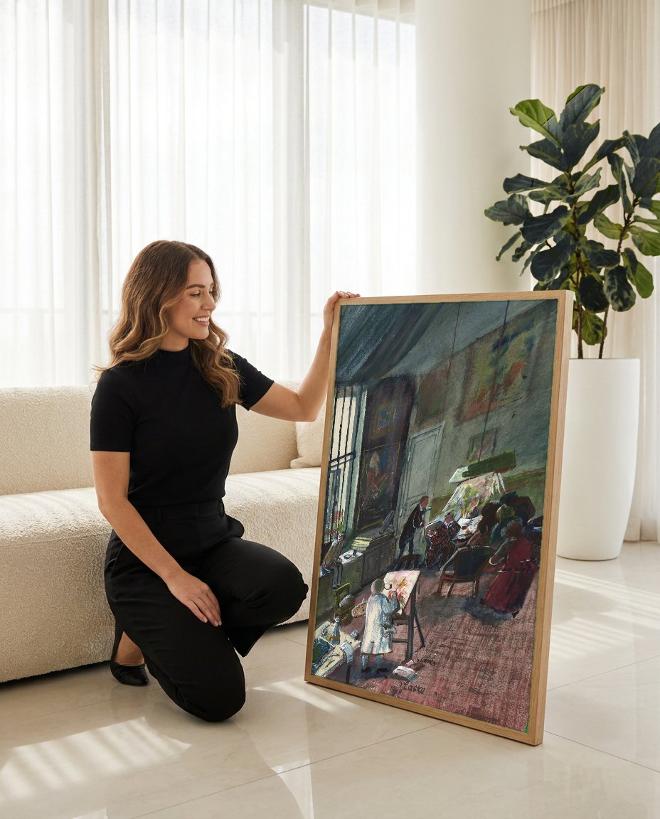 Quadro Decorativo 'Atelier do Pintor' - Oskar Laske com modelo em ambiente