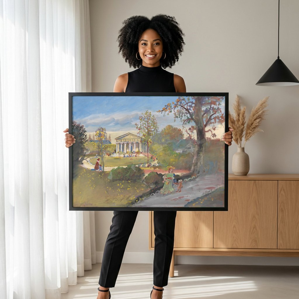 Quadro Decorativo Parque com Templo - Oskar Laske com modelo em ambiente