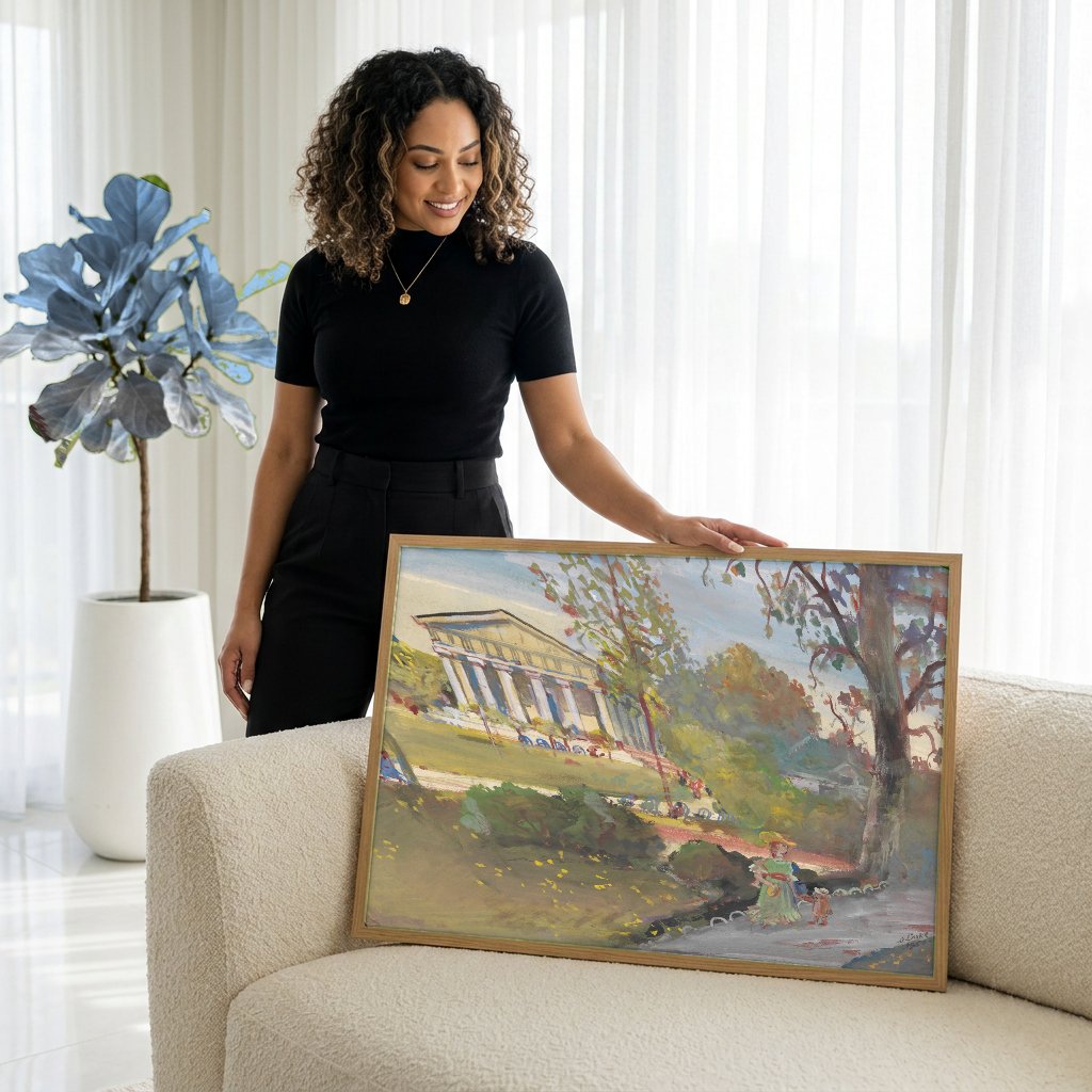 Quadro Decorativo Parque com Templo - Oskar Laske com modelo em ambiente