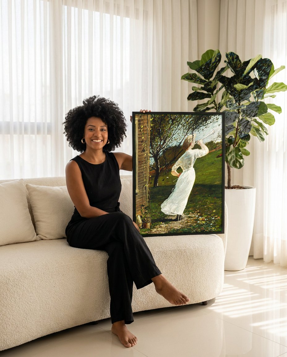 Quadro Decorativo 'The Dinner Horn' - Winslow Homer com modelo em ambiente