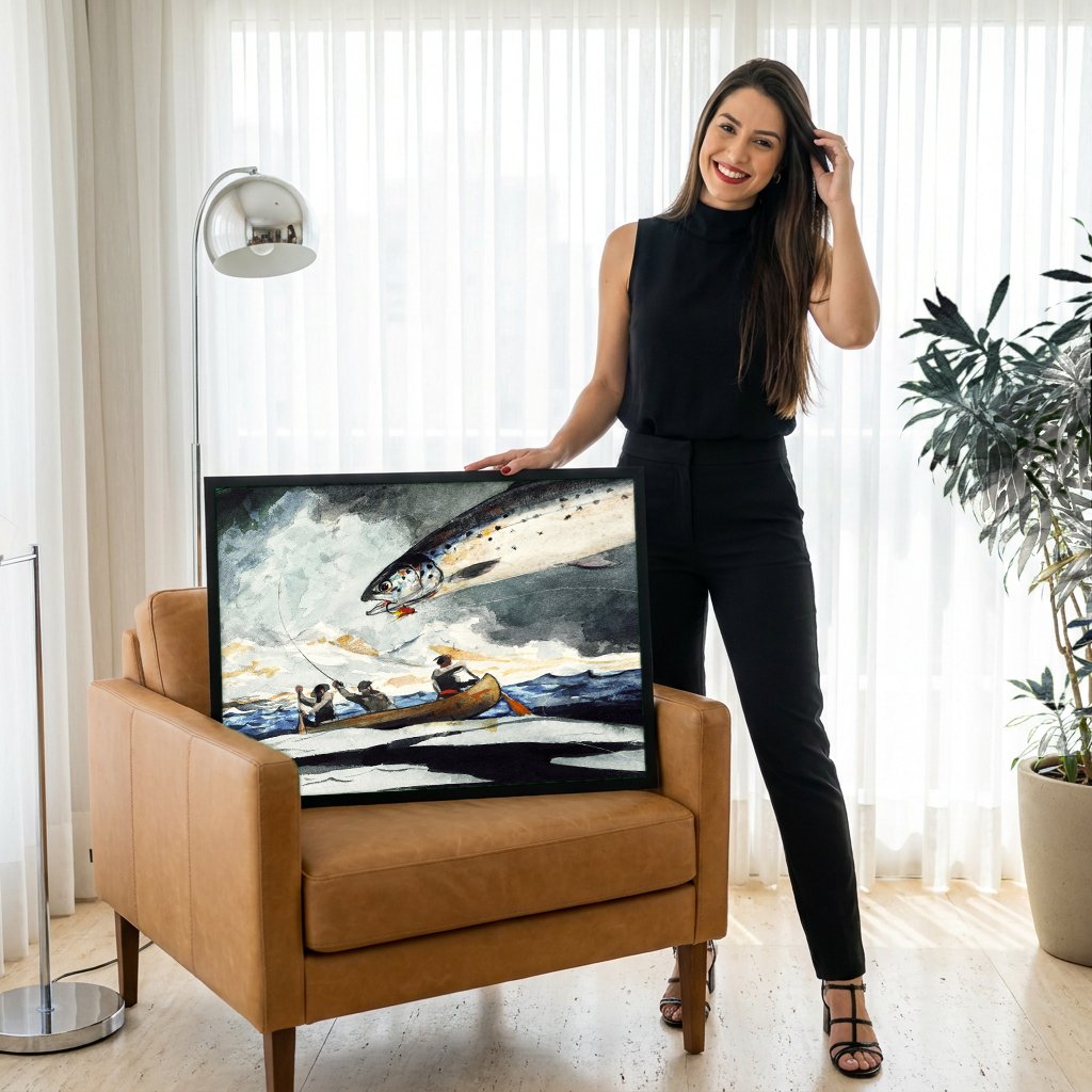 Quadro Decorativo Salmão Saltando - Winslow Homer com modelo em ambiente