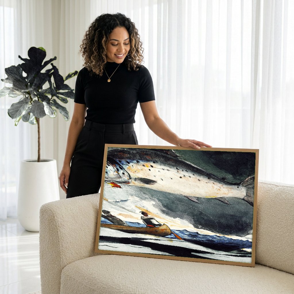 Quadro Decorativo Salmão Saltando - Winslow Homer com modelo em ambiente