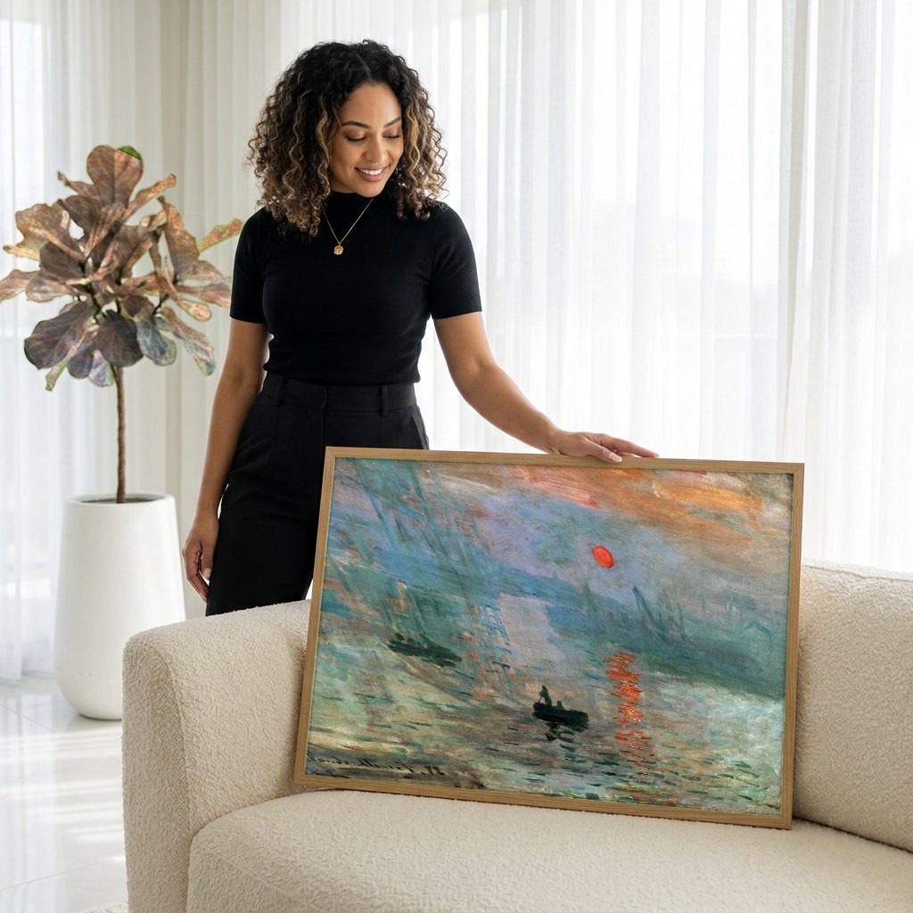 Quadro Decorativo Impressão, Nascer do Sol - Claude Monet com modelo em ambiente