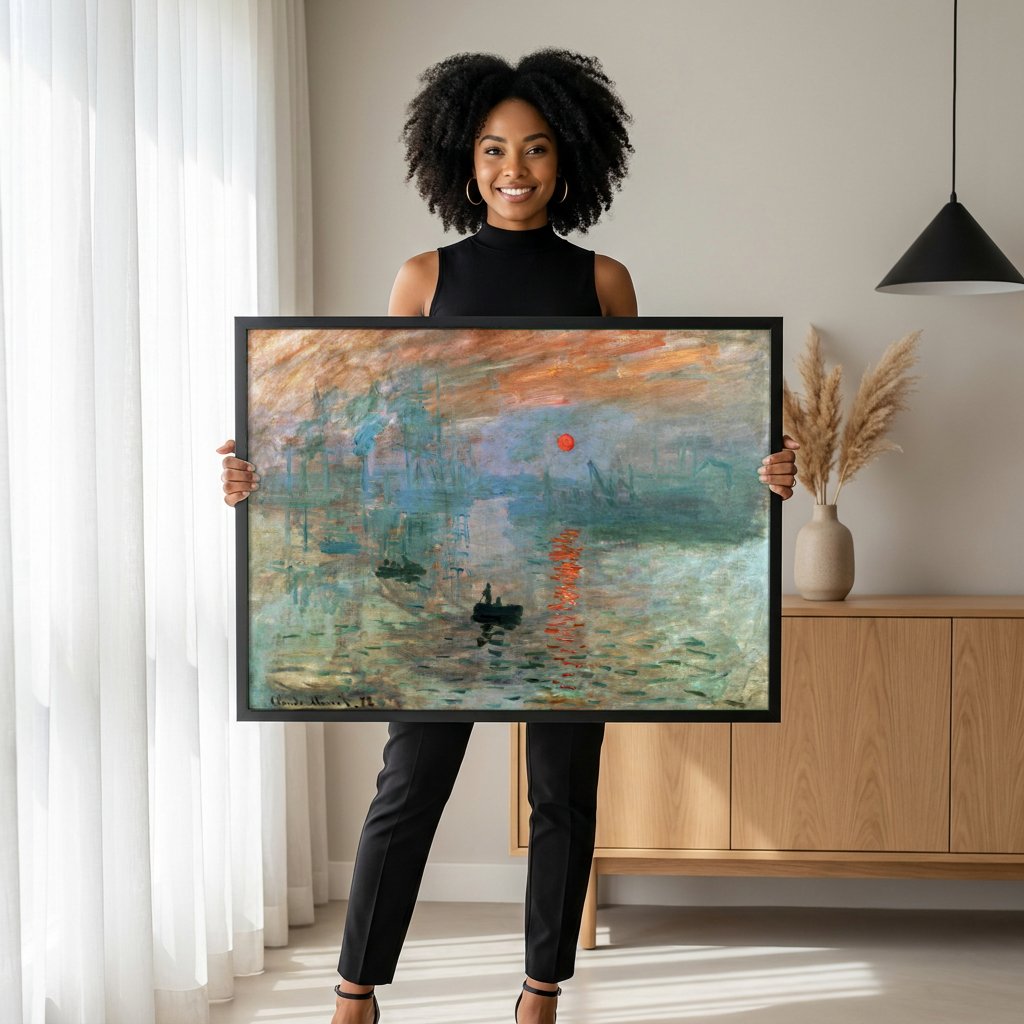 Quadro Decorativo Impressão, Nascer do Sol - Claude Monet com modelo em ambiente