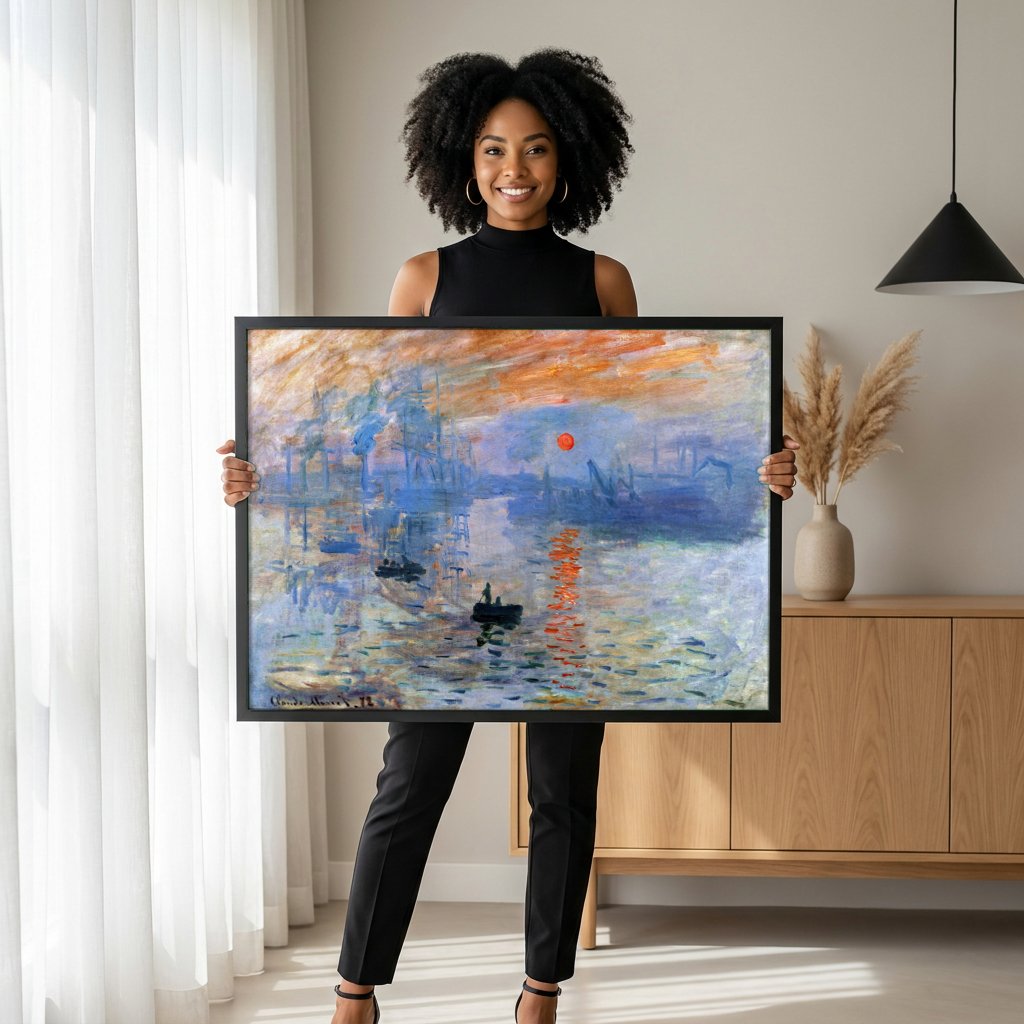 Quadro Decorativo Impressão, Nascer do Sol - Claude Monet com modelo em ambiente