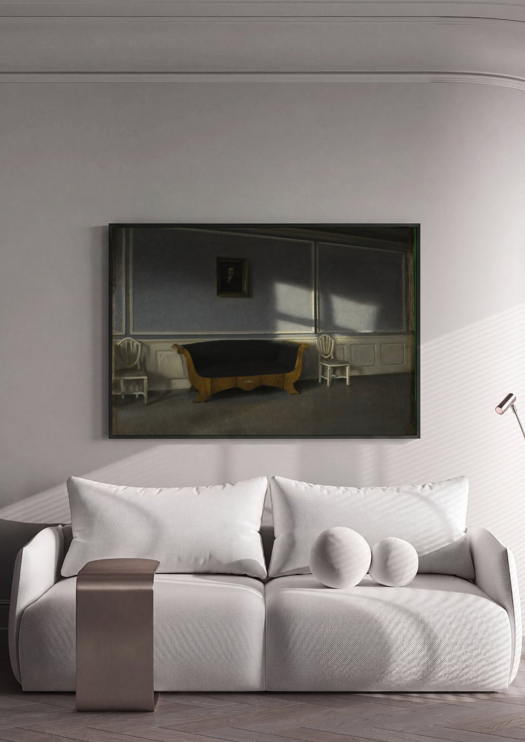 Quadro Decorativo Interior com Sofá e Sol - Vilhelm Hammershøi em ambiente decorado