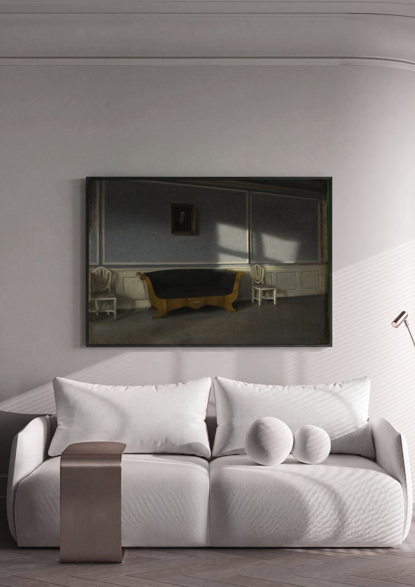 Quadro Decorativo Interior com Sofá e Sol - Vilhelm Hammershøi em ambiente decorado