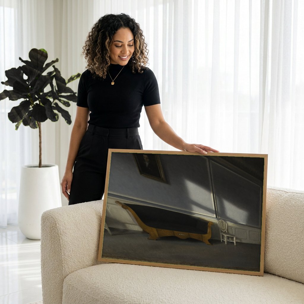 Quadro Decorativo Interior com Sofá e Sol - Vilhelm Hammershøi com modelo em ambiente