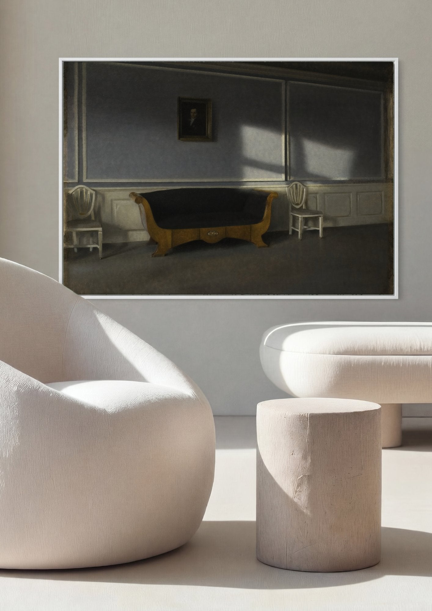 Quadro Decorativo Interior com Sofá e Sol - Vilhelm Hammershøi em ambiente decorado