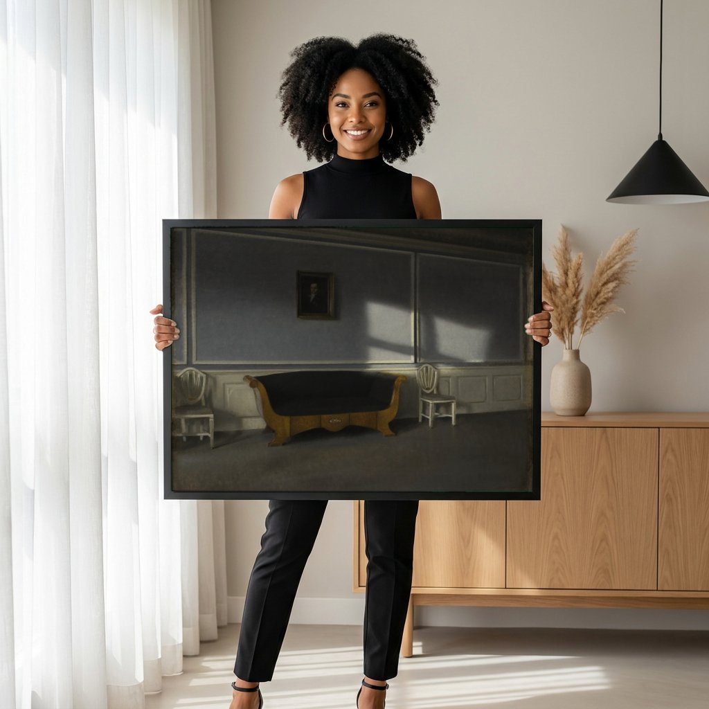 Quadro Decorativo Interior com Sofá e Sol - Vilhelm Hammershøi com modelo em ambiente