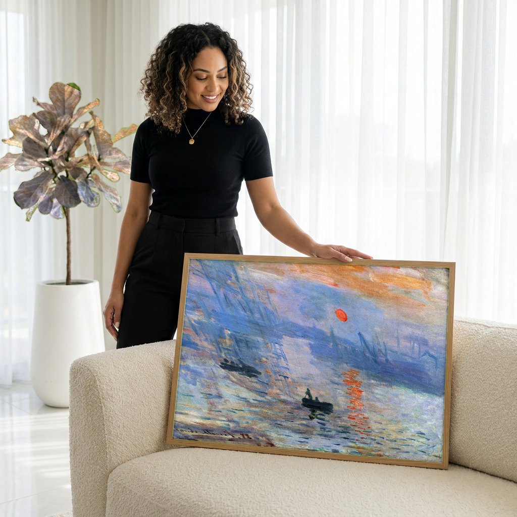 Quadro Decorativo Impressão, Nascer do Sol - Monet com modelo em ambiente