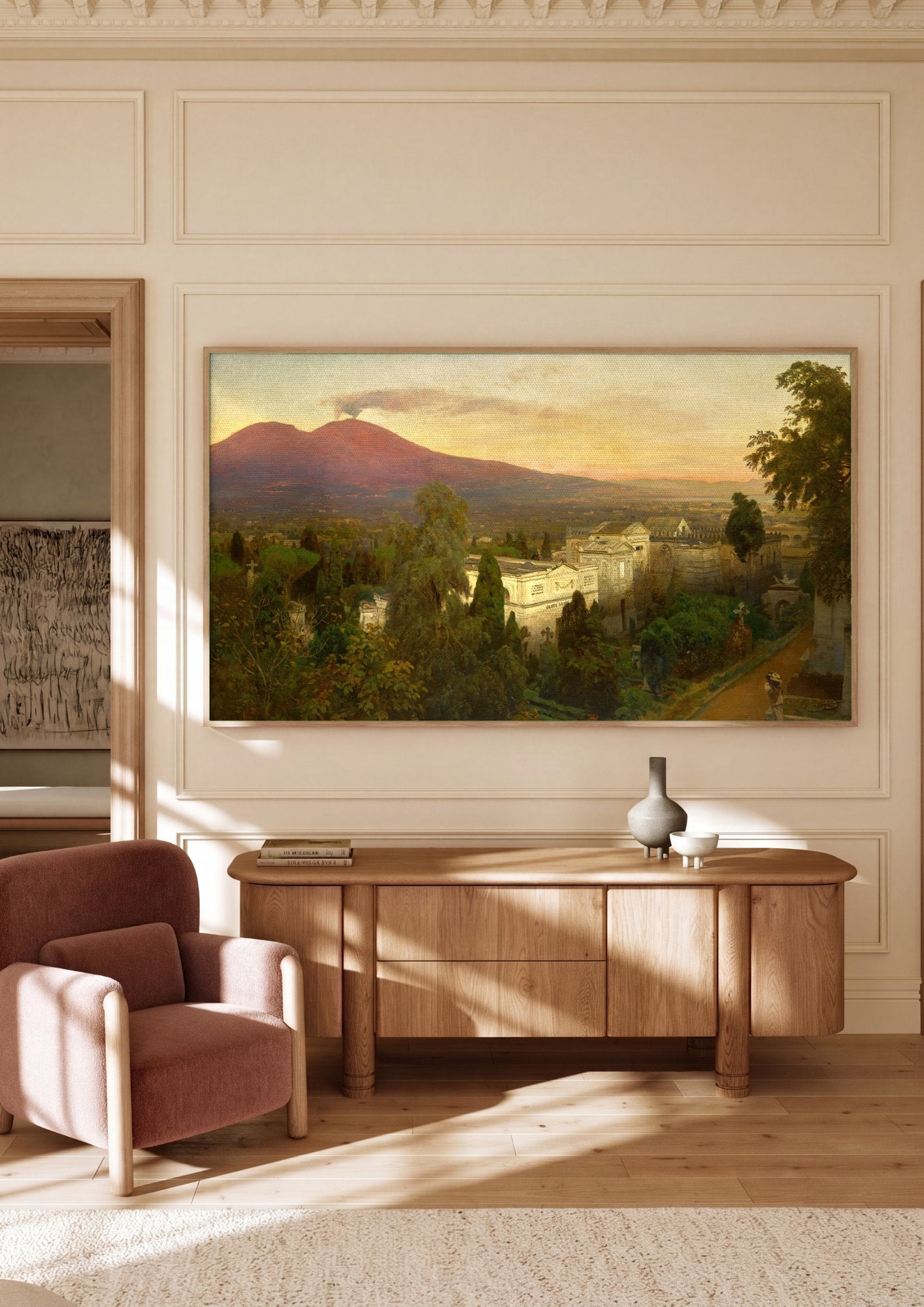 Quadro Decorativo Vesúvio ao Pôr do Sol - Oswald Achenbach em ambiente decorado