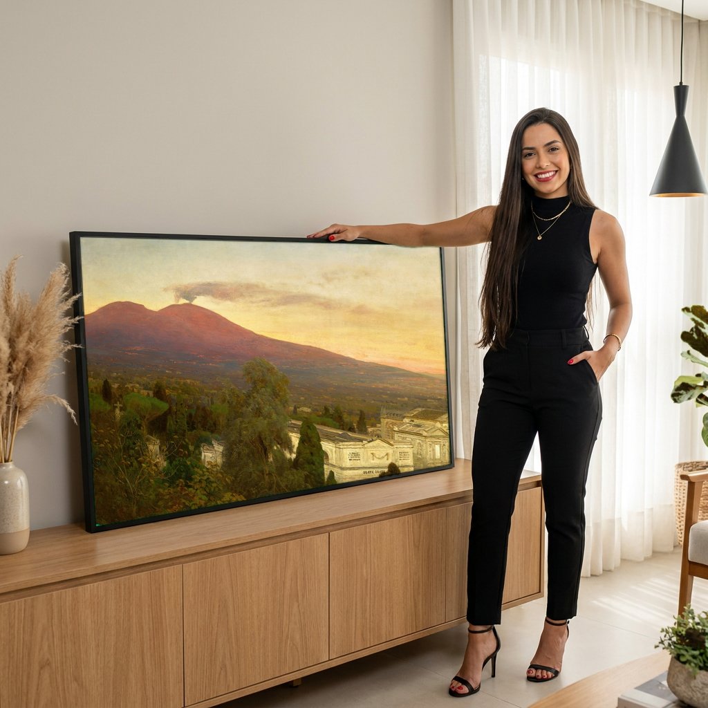Quadro Decorativo Vesúvio ao Pôr do Sol - Oswald Achenbach com modelo em ambiente