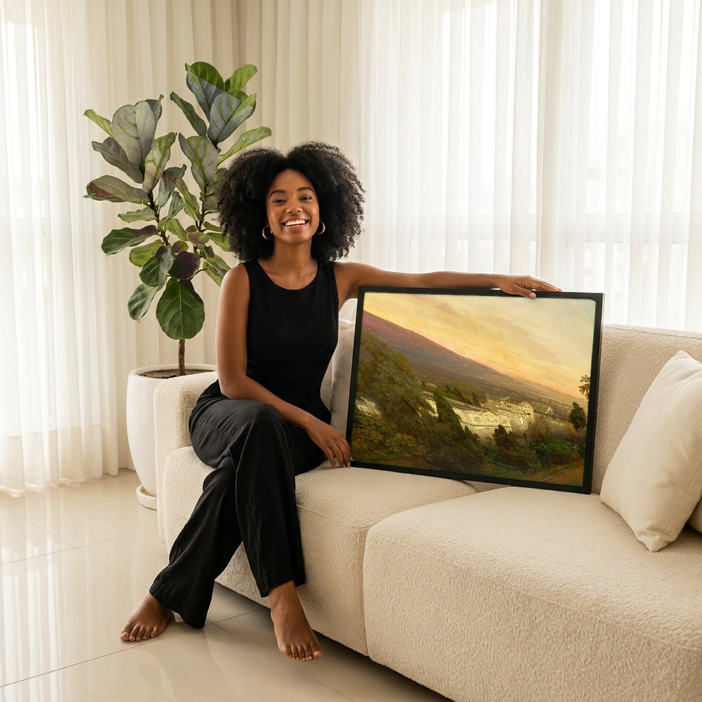 Quadro Decorativo Vesúvio ao Pôr do Sol - Oswald Achenbach com modelo em ambiente