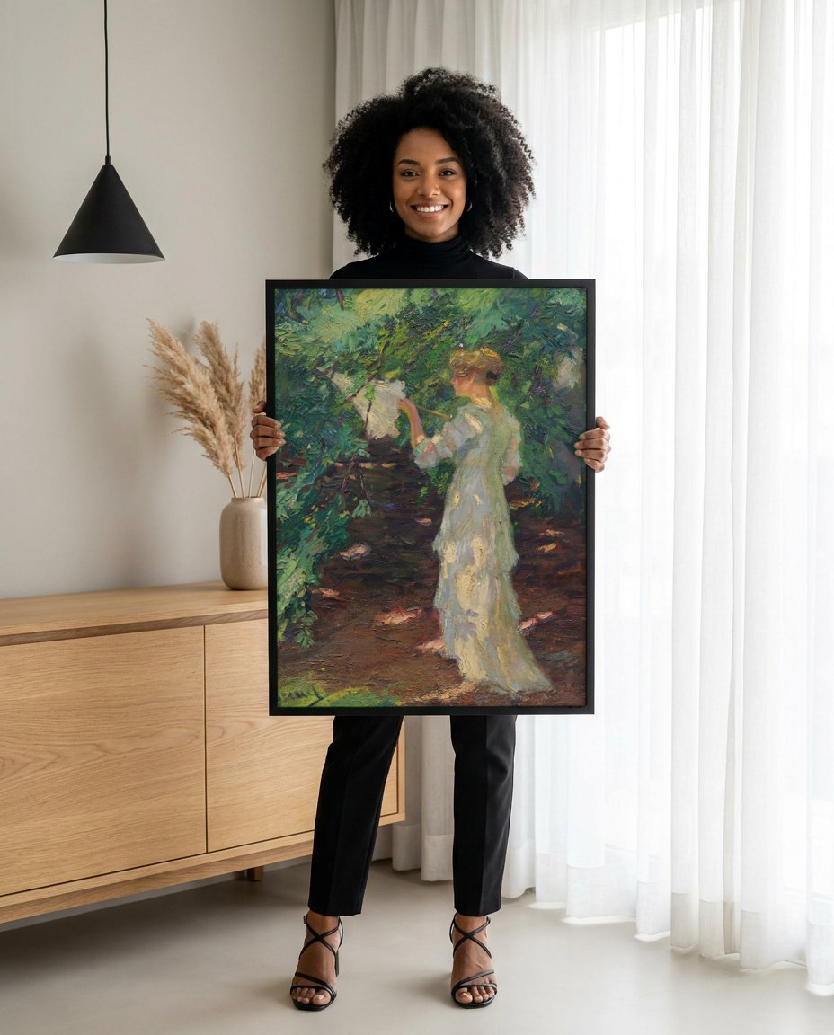Quadro Decorativo Mulher com Guarda-Sol - Edward Cucuel com modelo em ambiente