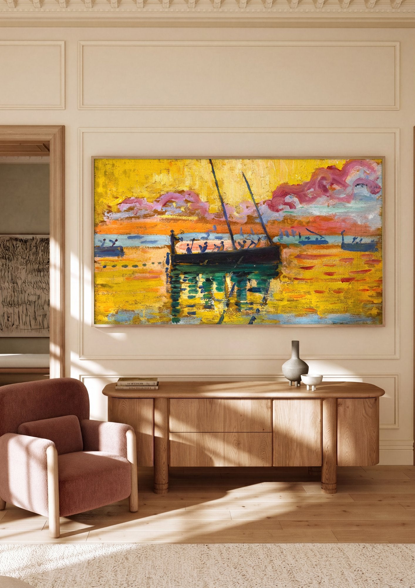 Quadro Decorativo Marinha ao Pôr do Sol - Paul Signac em ambiente decorado