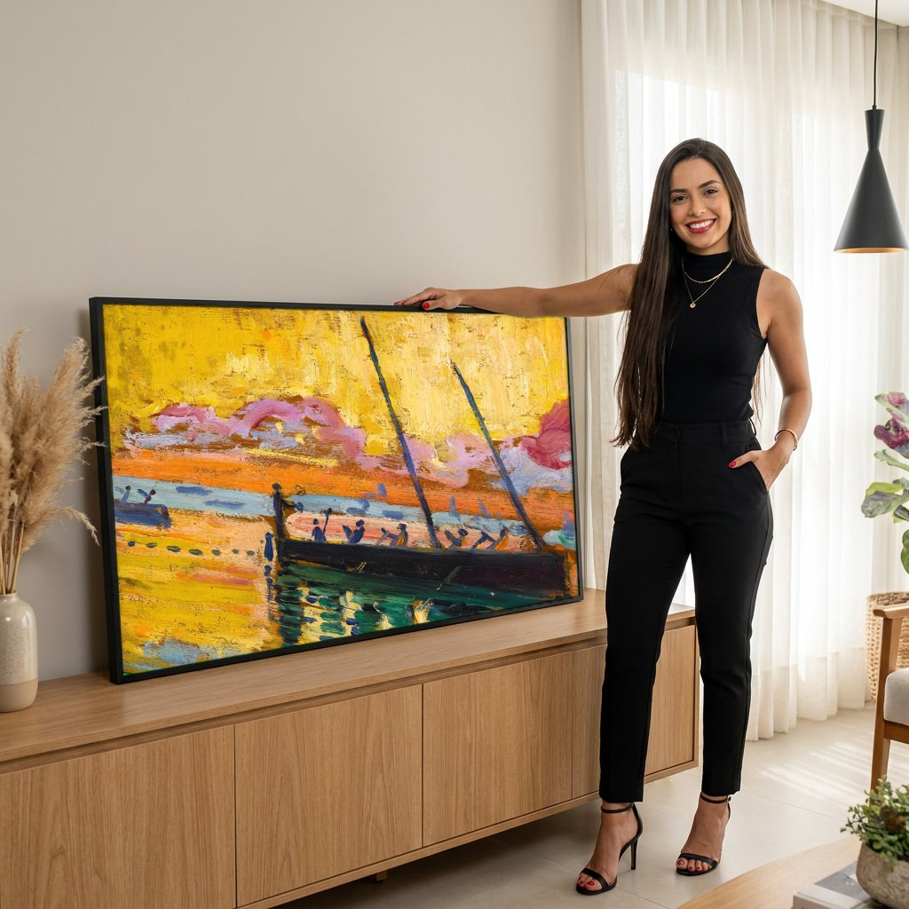 Quadro Decorativo Marinha ao Pôr do Sol - Paul Signac com modelo em ambiente