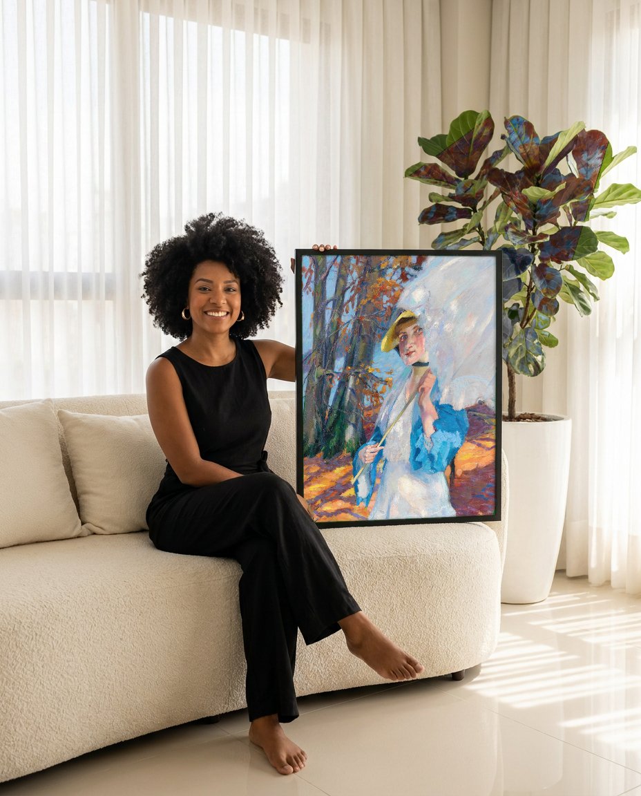 Quadro Decorativo Mulher com Guarda-Sol - Edward Cucuel com modelo em ambiente