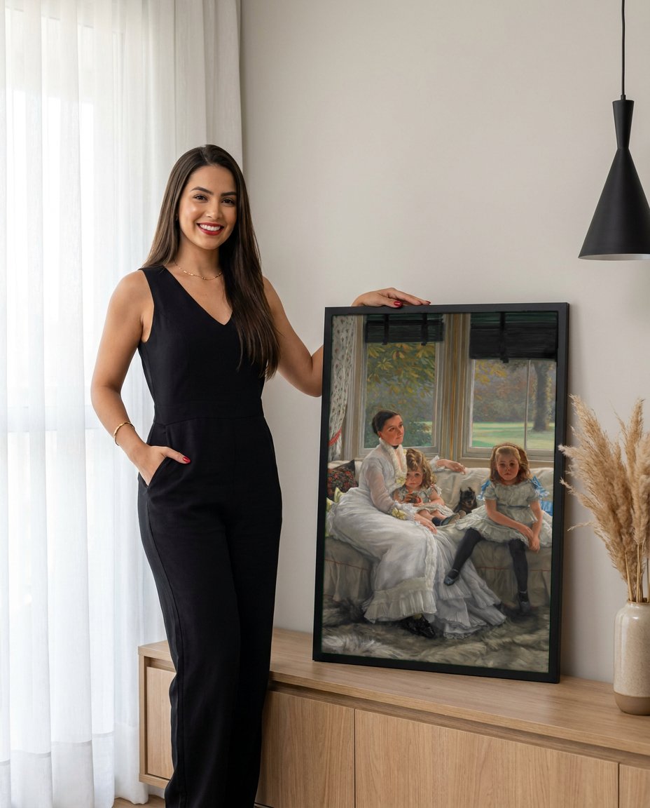 Quadro Decorativo A Família – James Tissot com modelo em ambiente