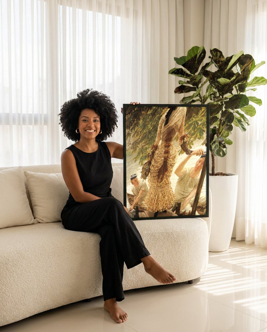 Quadro Decorativo A Chegada - James Tissot com modelo em ambiente