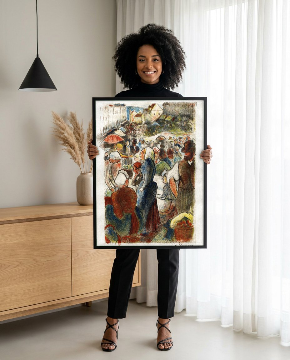 Quadro Decorativo Mercado Vibrante - Pissarro com modelo em ambiente