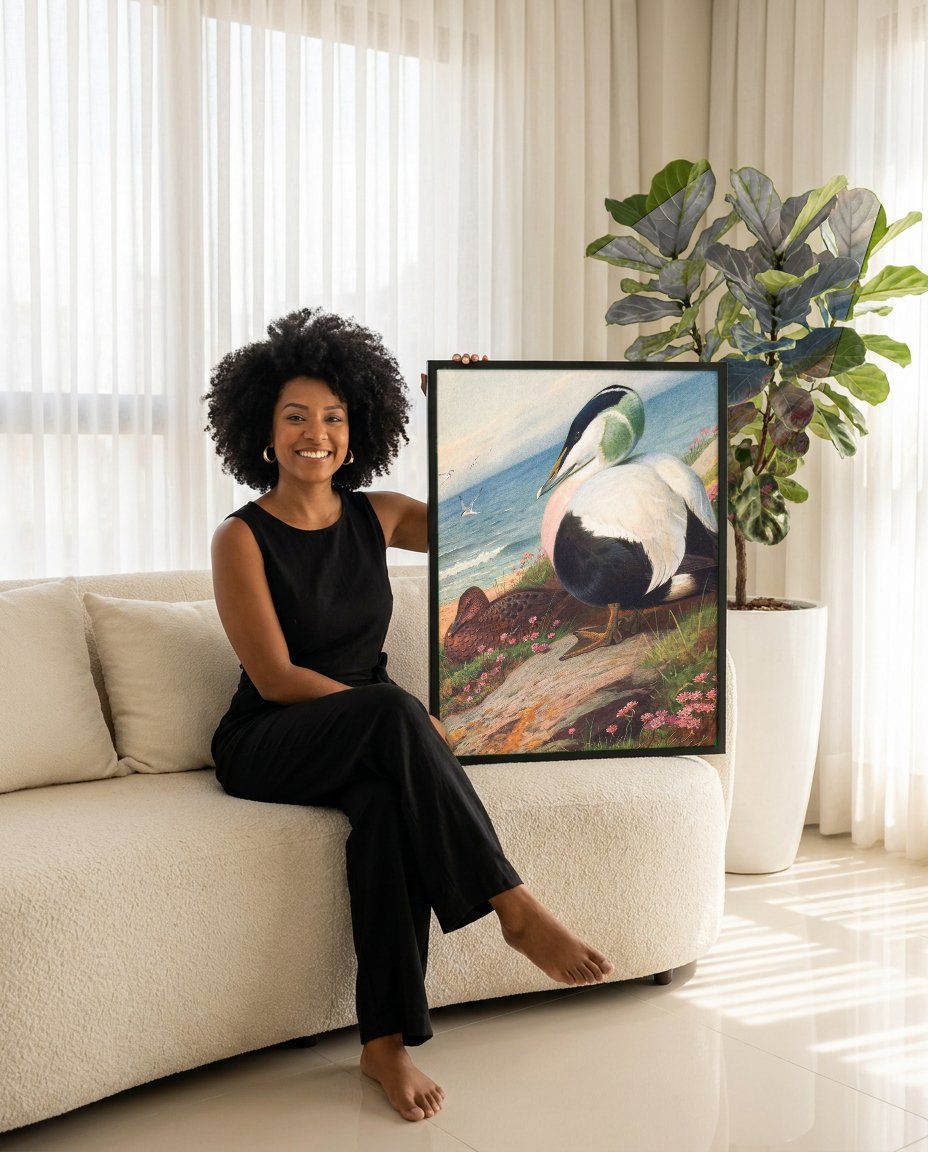 Quadro Decorativo Aves Marinhas na Costa - Thorburn com modelo em ambiente