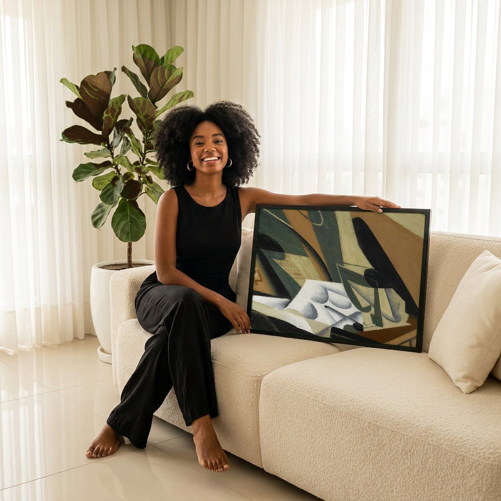 Quadro Decorativo Natureza-Morta Cubista - Juan Gris com modelo em ambiente