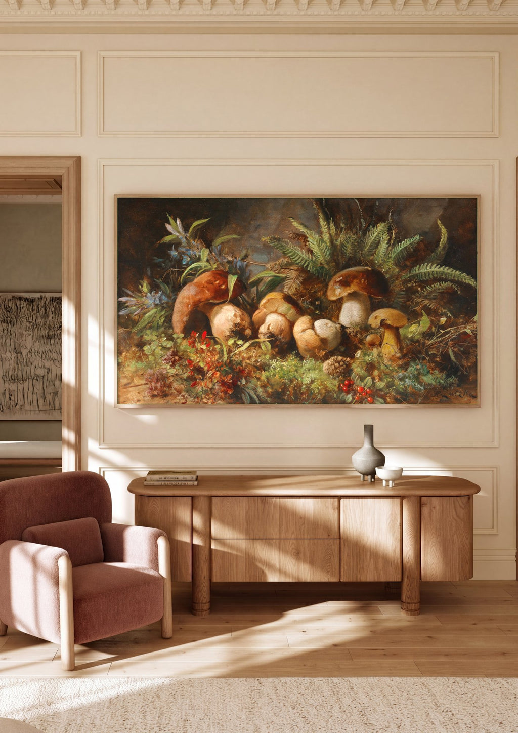 Quadro Decorativo 'Cogumelos na Floresta' - Hans Zatzka em ambiente decorado