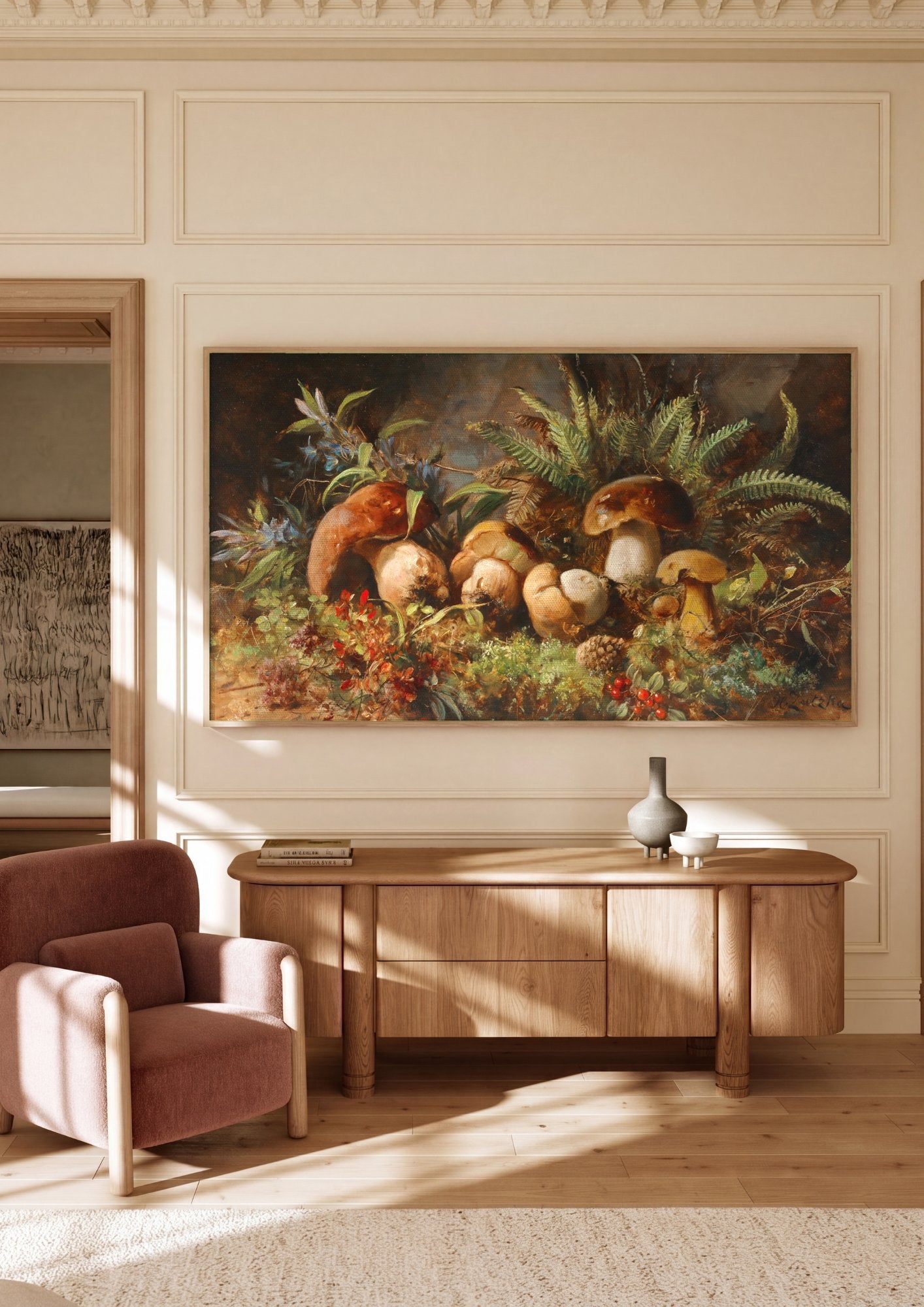 Quadro Decorativo 'Cogumelos na Floresta' - Hans Zatzka em ambiente decorado