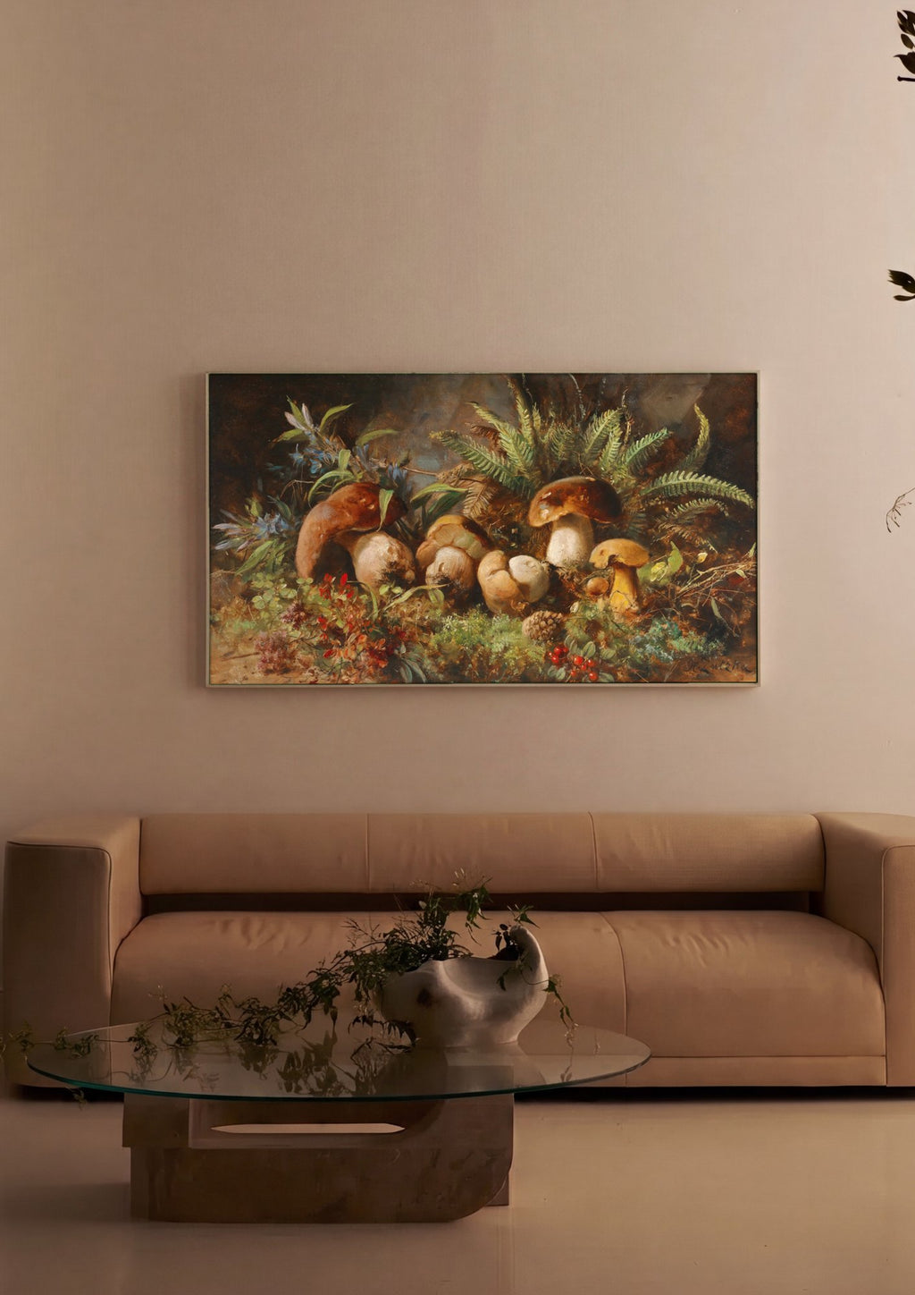 Quadro Decorativo 'Cogumelos na Floresta' - Hans Zatzka em ambiente decorado
