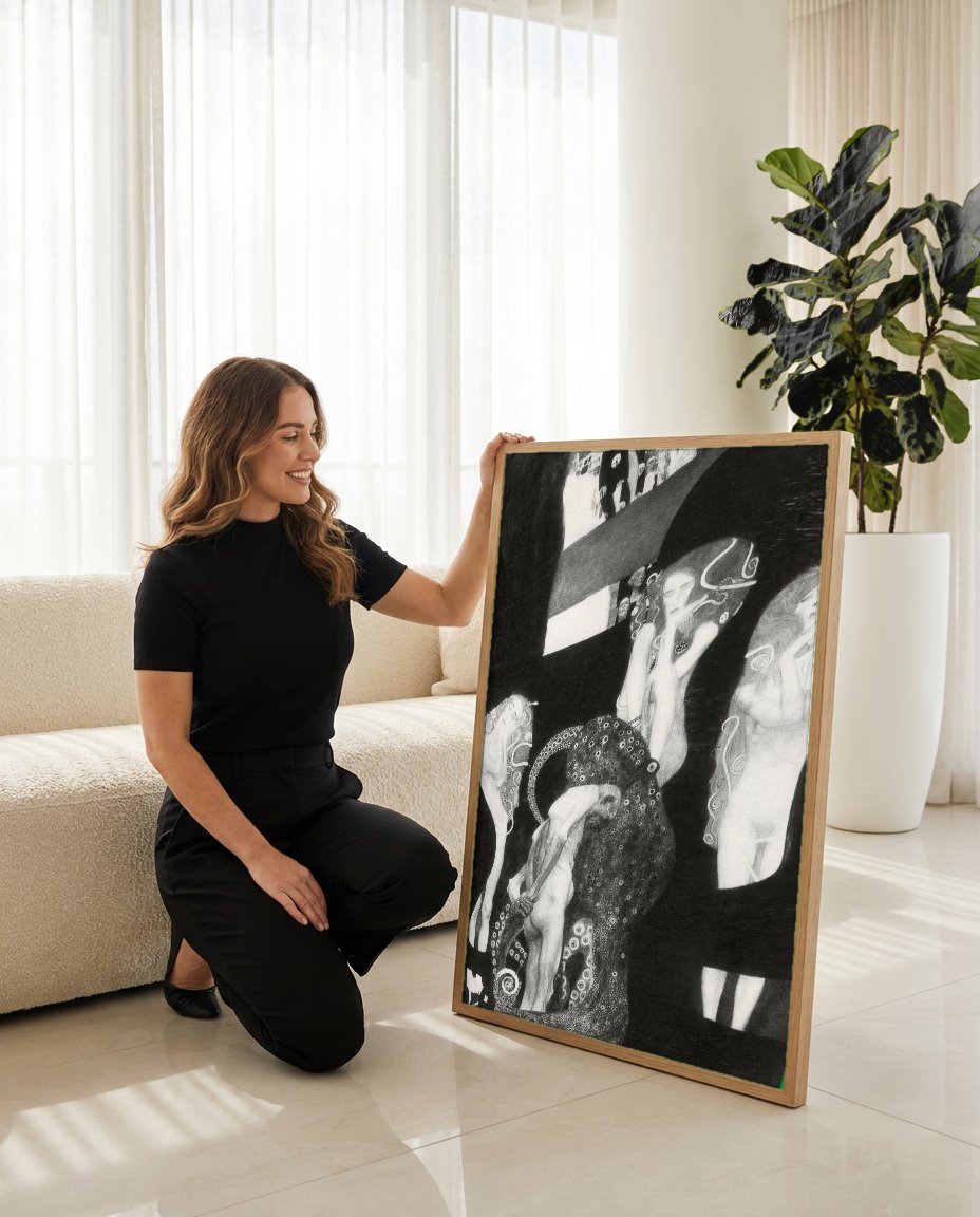 Quadro Decorativo 'As Forças Hostis' - Gustav Klimt com modelo em ambiente