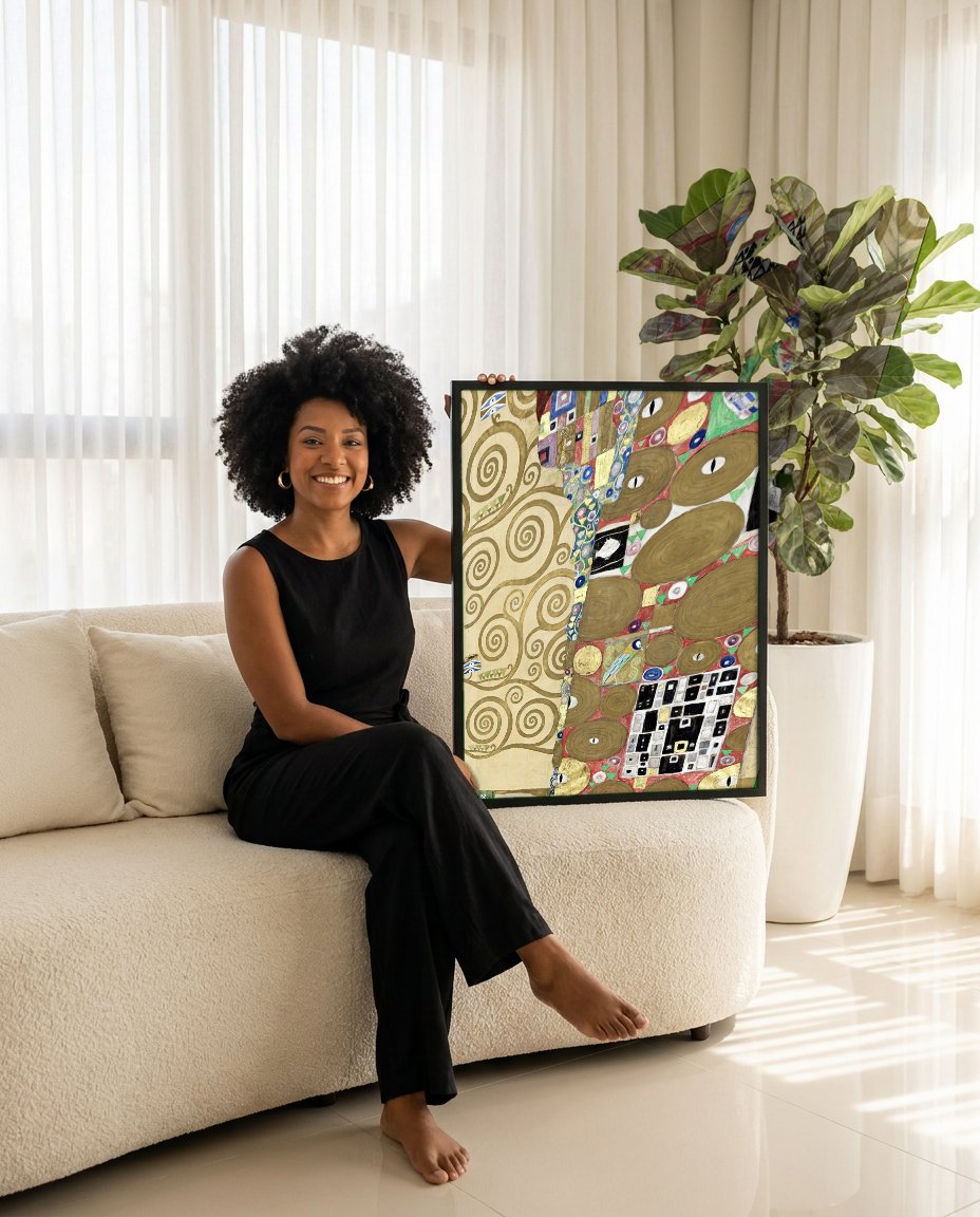 Quadro Decorativo A Árvore da Vida - Gustav Klimt com modelo em ambiente