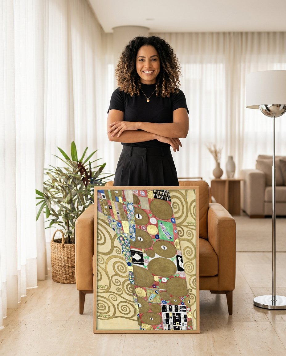 Quadro Decorativo A Árvore da Vida - Gustav Klimt com modelo em ambiente