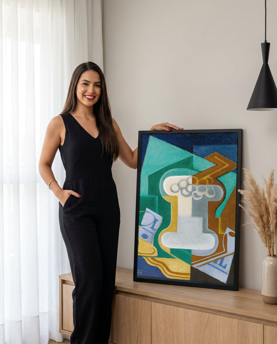Quadro Decorativo Natureza-Morta Cubista - Juan Gris com modelo em ambiente