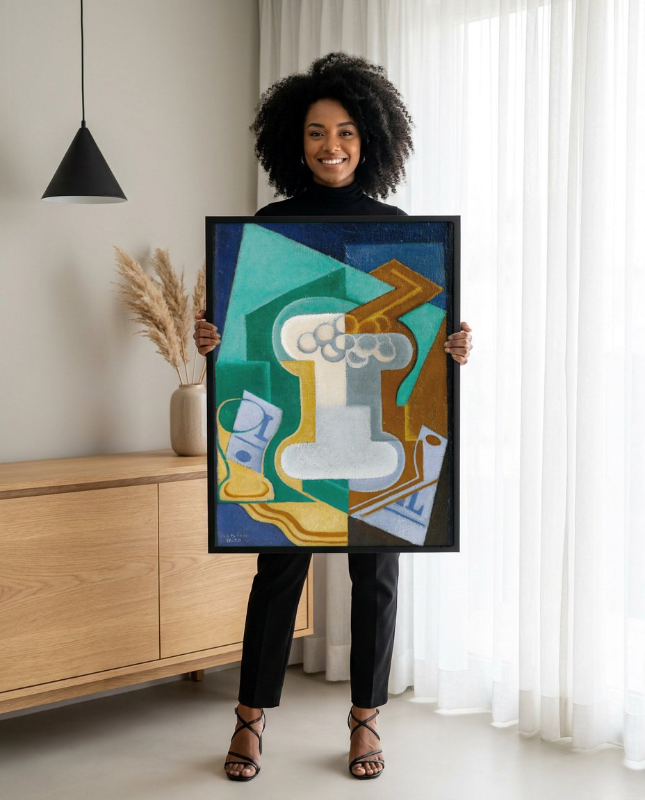 Quadro Decorativo Natureza-Morta Cubista - Juan Gris com modelo em ambiente