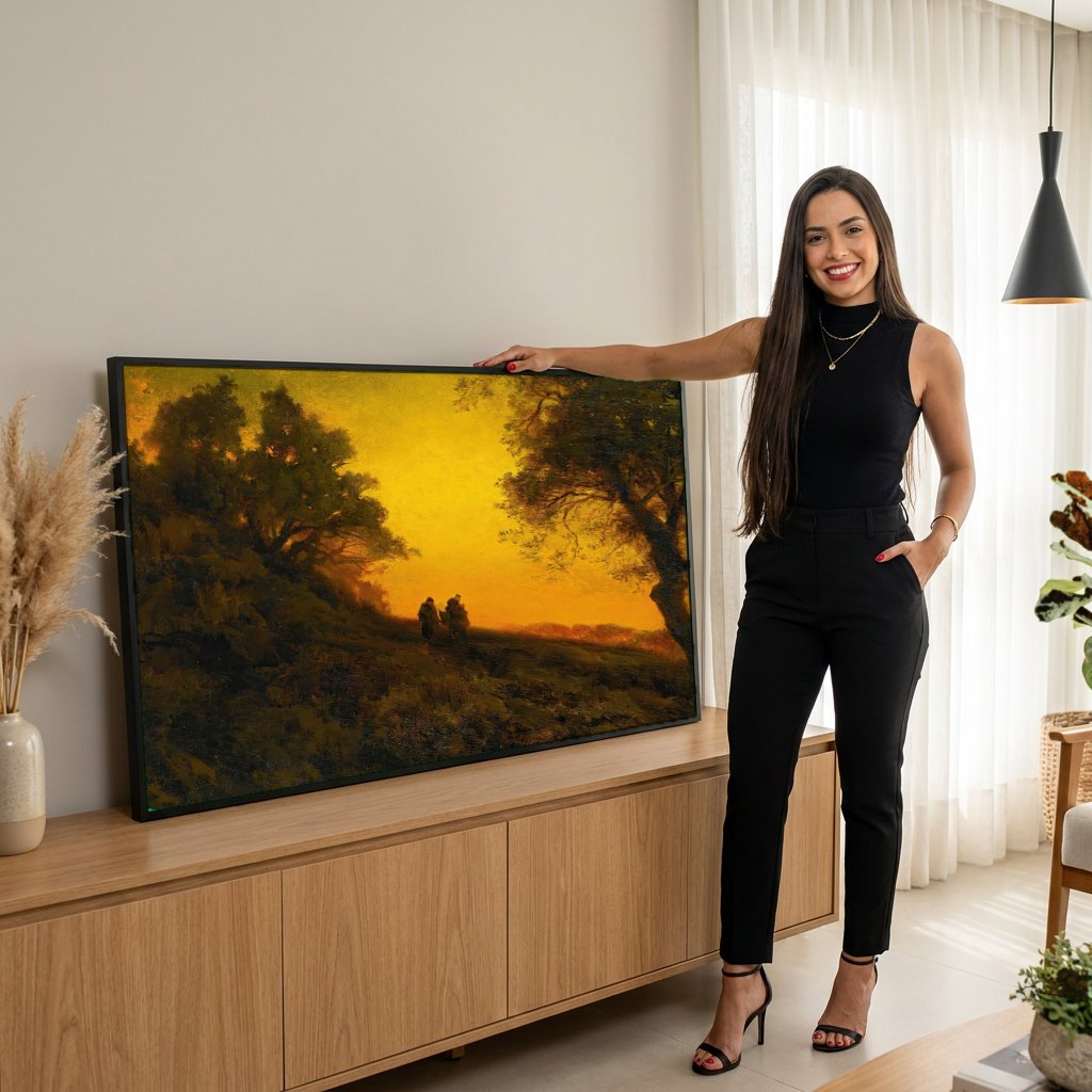 Quadro Decorativo Crepúsculo na Floresta - Thomas Moran com modelo em ambiente
