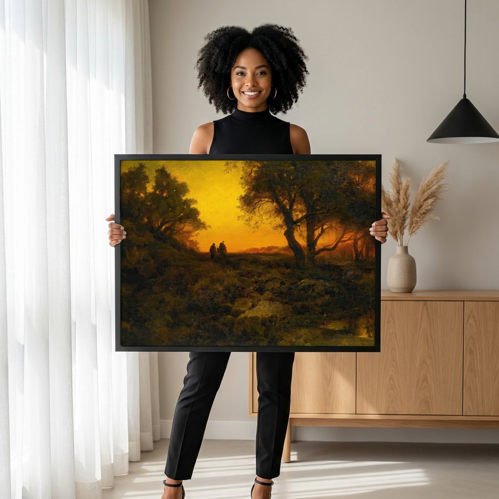Quadro Decorativo Crepúsculo na Floresta - Thomas Moran com modelo em ambiente